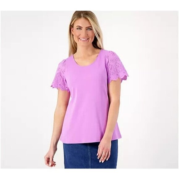 Isaac Mizrahi Live! Knit Swing Top with Eyelet Sleeves Vibrant Violet,XS - Picture 1 of 1
